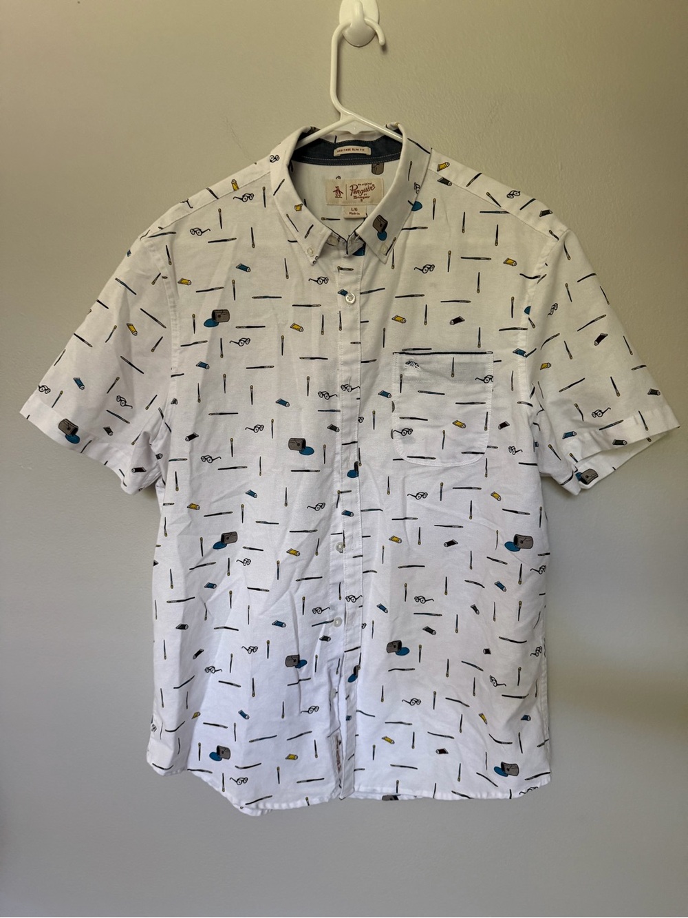 Original Penguin Men’s Short Sleeve Button Down Shirt White Paintbrush Print